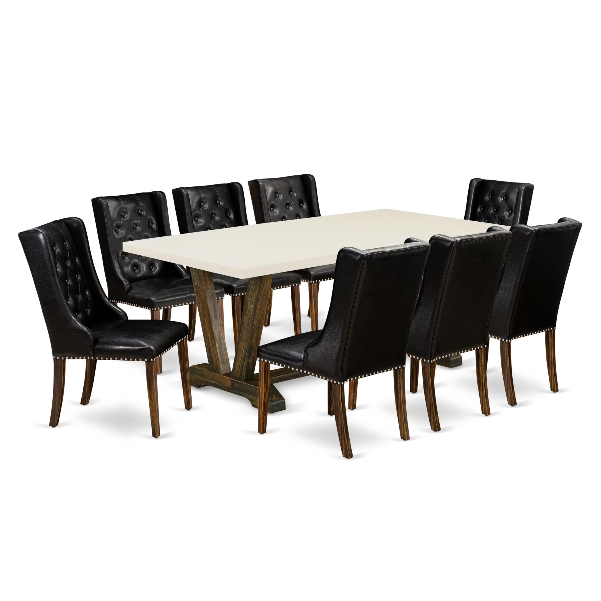 East West Furniture V727FO749-9 9 Piece Modern Dining Table Set Includes a Rectangle Wooden Table with V-Legs and 8 Black Faux Leather Upholstered Chairs, 40x72 Inch, Multi-Color